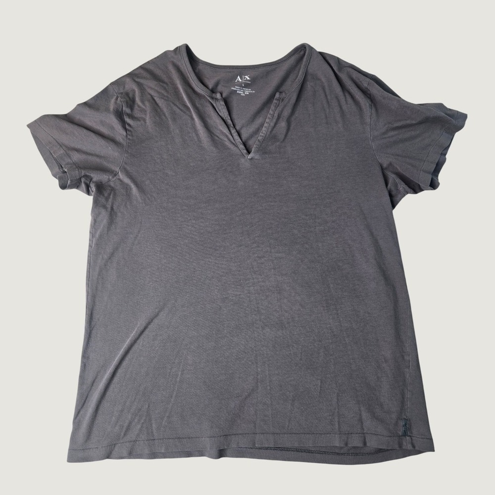 Armani Exchange Mens Large Gray Split Neck Notch Short Sleeve T-Shirt AX Logo